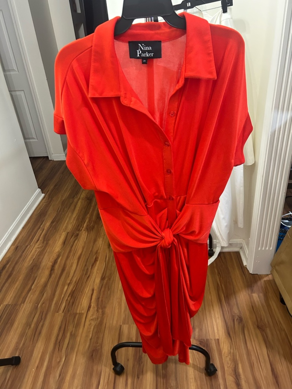 Nina Parker Red Midi Shirt Dress with Front Knot